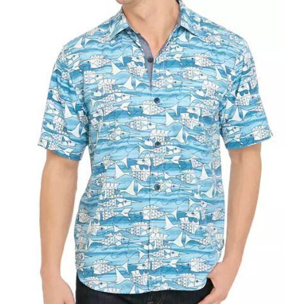 Tommy Bahama Mens Fish Print Silk Button Shirt Size M Coolmax Resortwear Beach